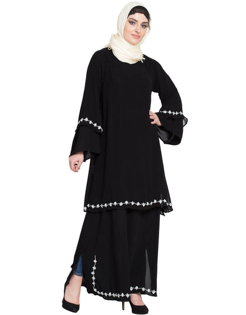 Chic Double Layer Bell Sleeve hand embroidered Abaya Black Women Online shopping USA